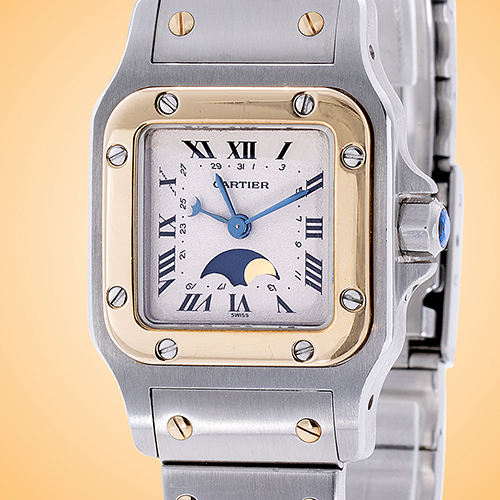 Cartier Santos Galbe Small Moon Phase Quartz Ladies Stainless Steel / Yellow Gold Watch W2008C4